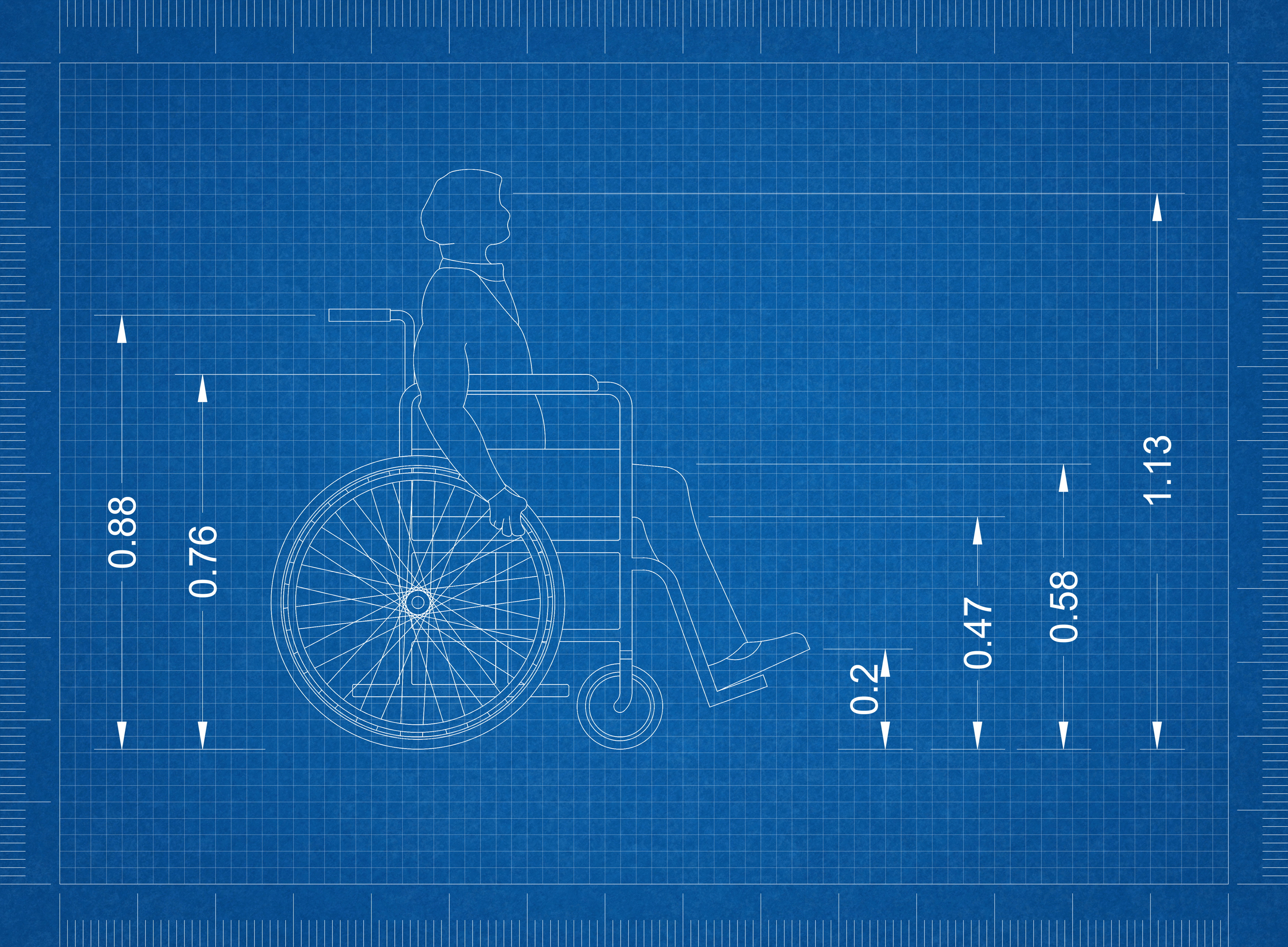 blueprint of wheelchair user with measurements